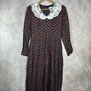 Vintage 80s Expo Maxi Dress Womens Size 6 Blue Floral Lace Collar Long Sleeves‎